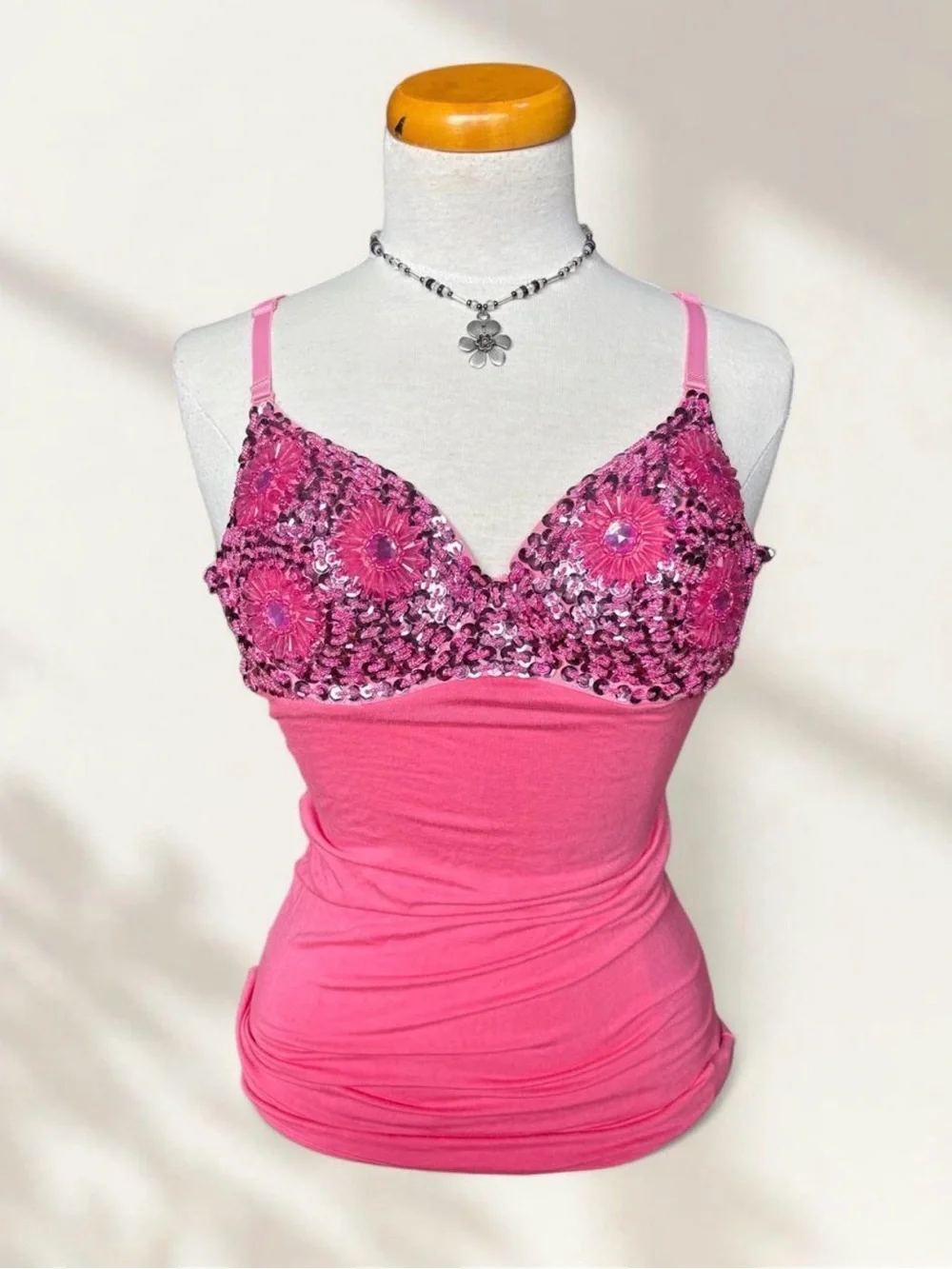 Pink Sequin Crochet-Embellished Camisole Tank - Picture 1 of 4